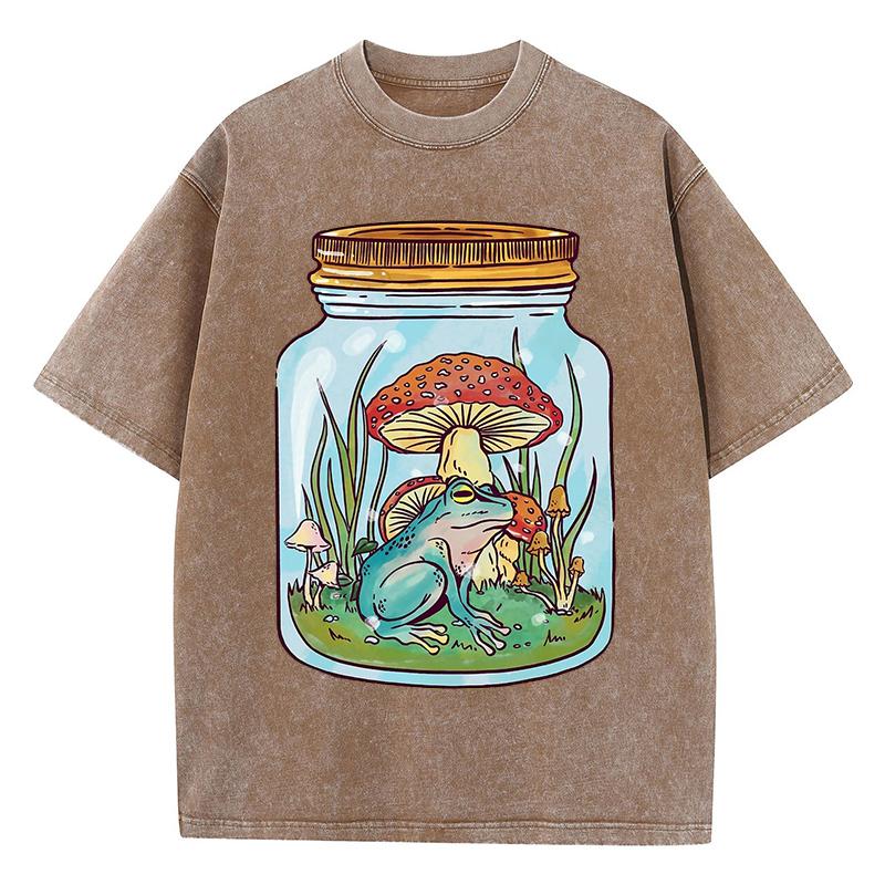 Cute Frog With Mushrooms In Mason Jar Print Women Washed T Shirts Summer Cotton T-Shirt Loose Streetwear Soft Clothes