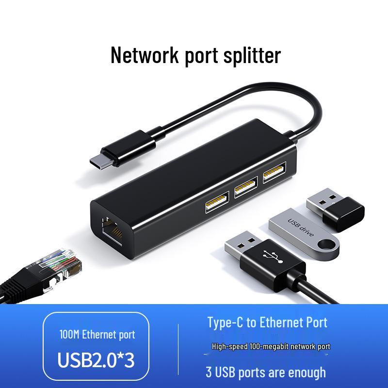 RJ45 Type-C To Ethernet USB 2.0 Hub, Driver-Free 100 Mbps Network Card Converter.