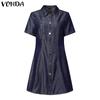 VONDA Women Elegant Short Sleeve Stitching Buttons Up Casual Mini Dress