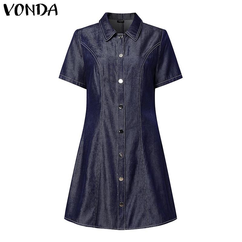VONDA Women Elegant Short Sleeve Stitching Buttons Up Casual Mini Dress