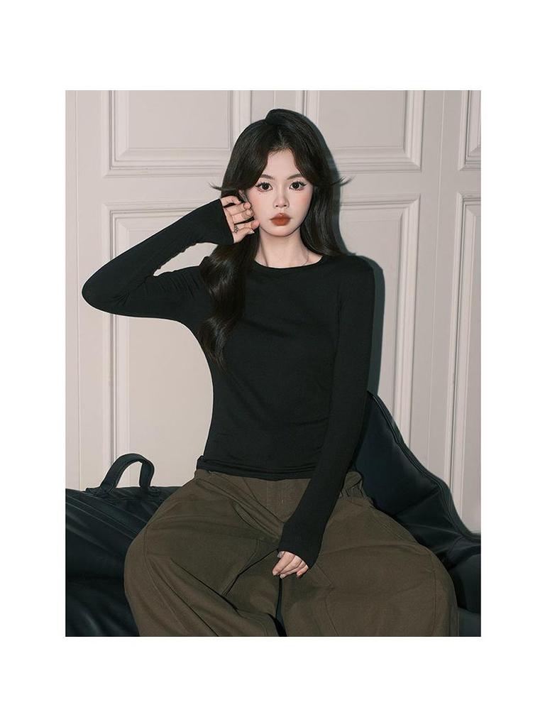 Women's Black Round Neck Long Sleeve T-Shirt, 2025 Autumn/Winter Slimming Basic Base Layer Top