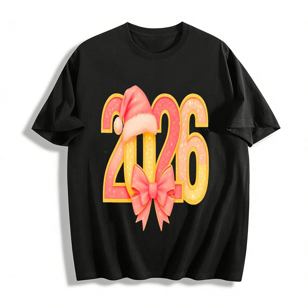 2026 New Year Christmas Themed Printed Casual Versatile Top Pure cotton T-shirt XXS