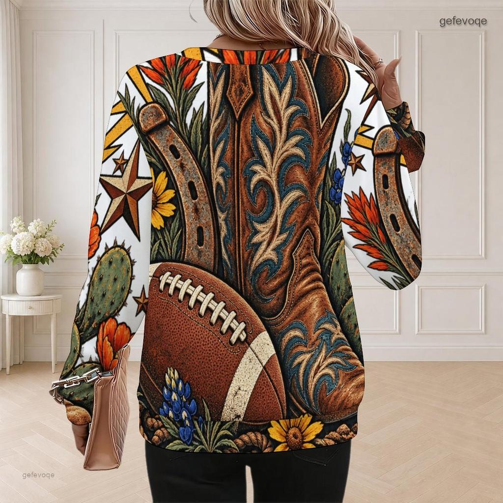 Women Plus Size Round Neck Long Sleeve Daisy Football Printed Pullover Sweatshirt