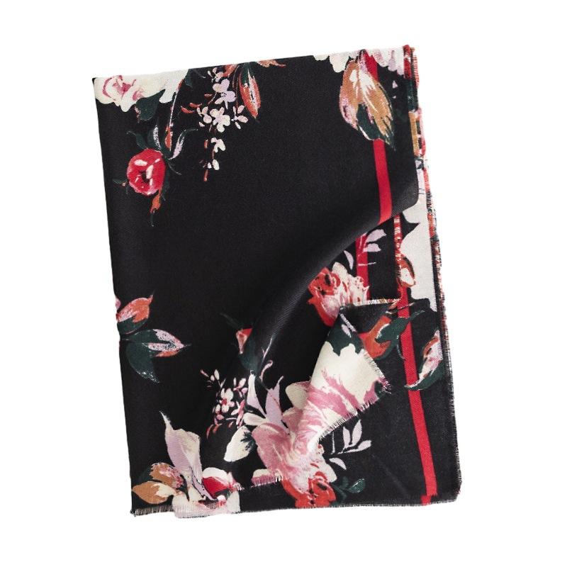 Scarf Women's Printed Chinese Style Camellia Warm Shawl Retro Imitation Cashmere Neck Warmer Coldproof Scarf Fashionable and Elegant Style