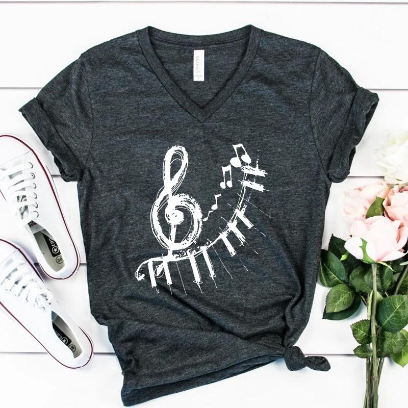 Piano Keys Graphic T Shirts Musical Note Print Tees Music Lovers T Shirt Vneck Women Clothing Harajuku Tee Shirt Y2k Top FeUnisex