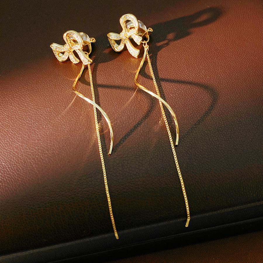 Real Gold Plated Zirconia Bow Tassel Ear Clip – No Piercing Required, Versatile  Fashionable Earrings
