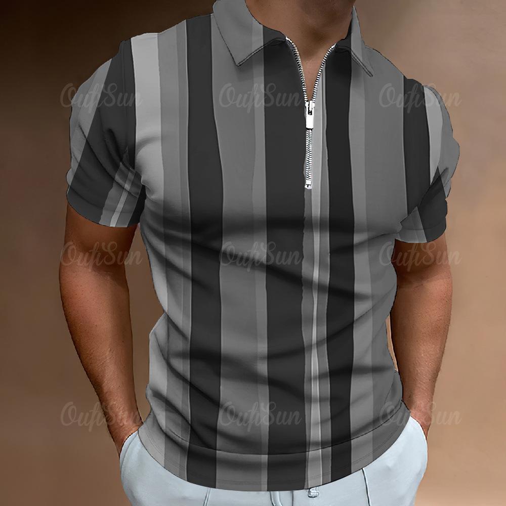 Independent Station Men'S Polo Shirt 3D Digital Printing Half Zipper Vertical Striped Short Sleeve Lapel Top
