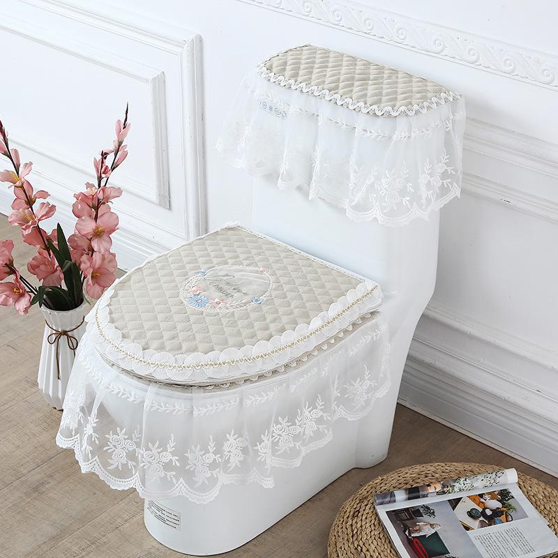 Lace Fabric Toilet Seat Cushion Set: 3-Piece Cover, Pad, and Ring.