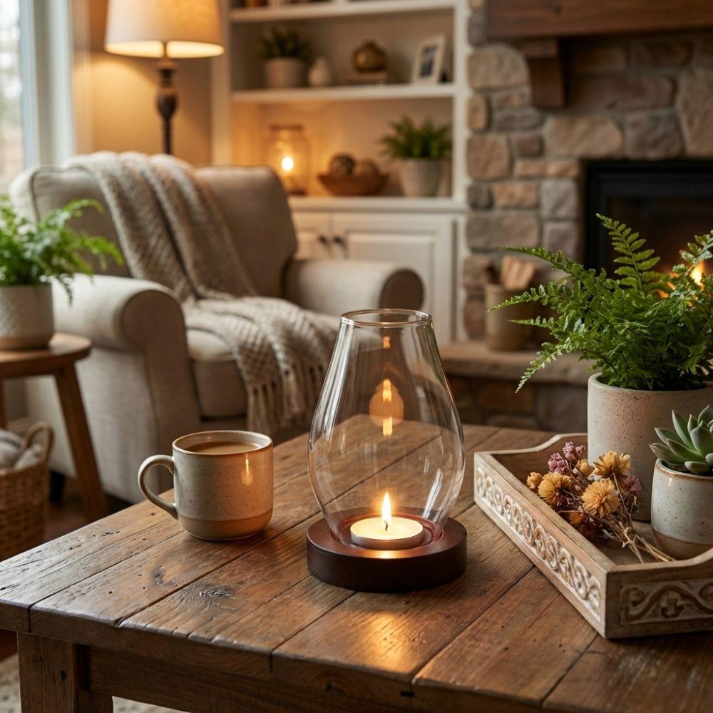 Base in Legno Massello Portacandele in Vetro Lampada per Incenso Trasparente Ambiente Interno