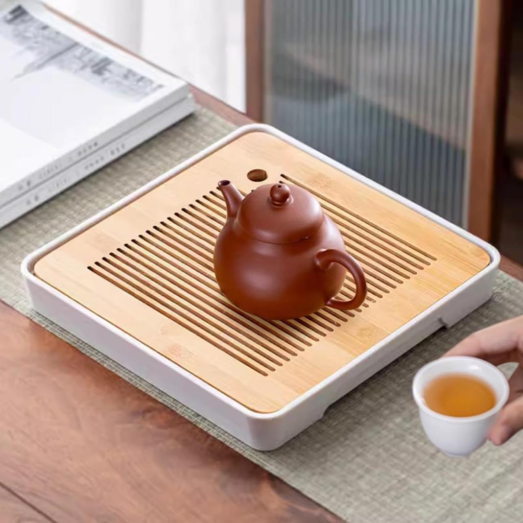 Bandeja de Té HIGHAWK, Plato de Bambú con Almacenamiento de Agua, Bandeja de Té para Utensilios de Ceremonia del Té, Plato de Resina, Almacenamiento, Plato Removible, Hueco, Drenable