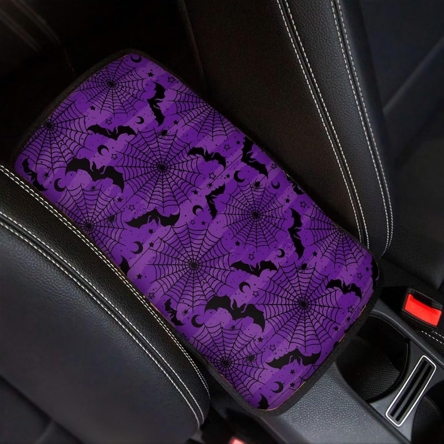 Dreaweet Stylish Spider Web Printed Black Car Center Console Armrest Cushion Cover Pad Soft Car Armrest Seat Box Cover Protector Auto Car Interior Bat Spider Web Purple