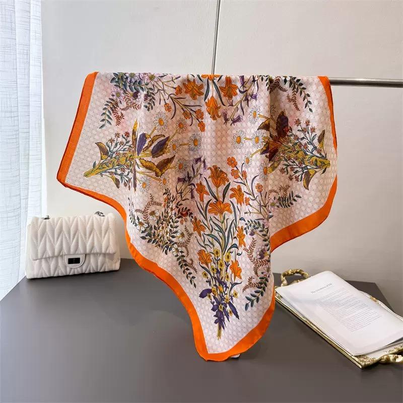 2024 Luxury Animals Floral Print 70cm Cotton Velvet Square Scarf for Women Soft Neckerchief Lady Hijab Neck Tie Hair Headbands