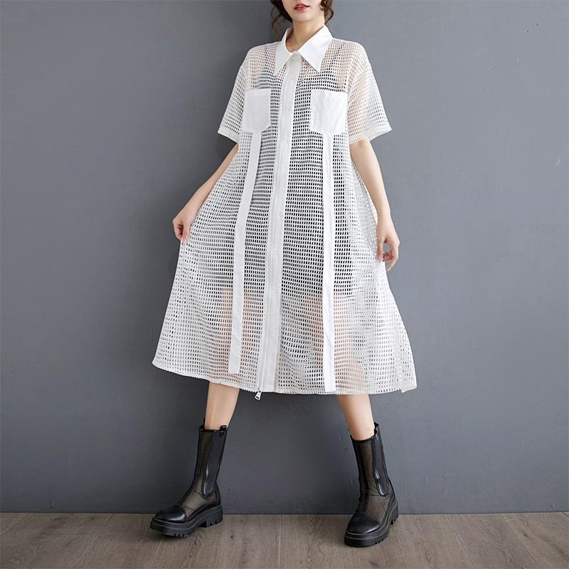 Short Sleeve Plus Size Mesh Perspective New In Dresses for Women Casual Loose Midi Summer Shirt Dress