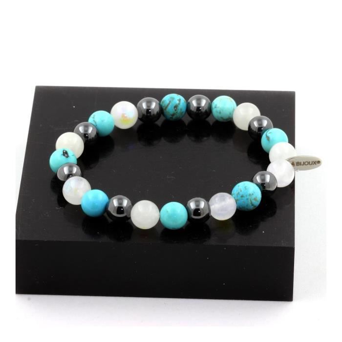 Bracelet - ABIJOUX - Perles Hématite + Turquoise + Pierre de lune - 8 mm