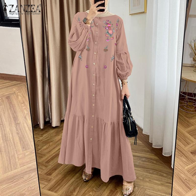 ZANZEA Women Casual O-neck Loose Long Sleeve Floral Embroidery Dress