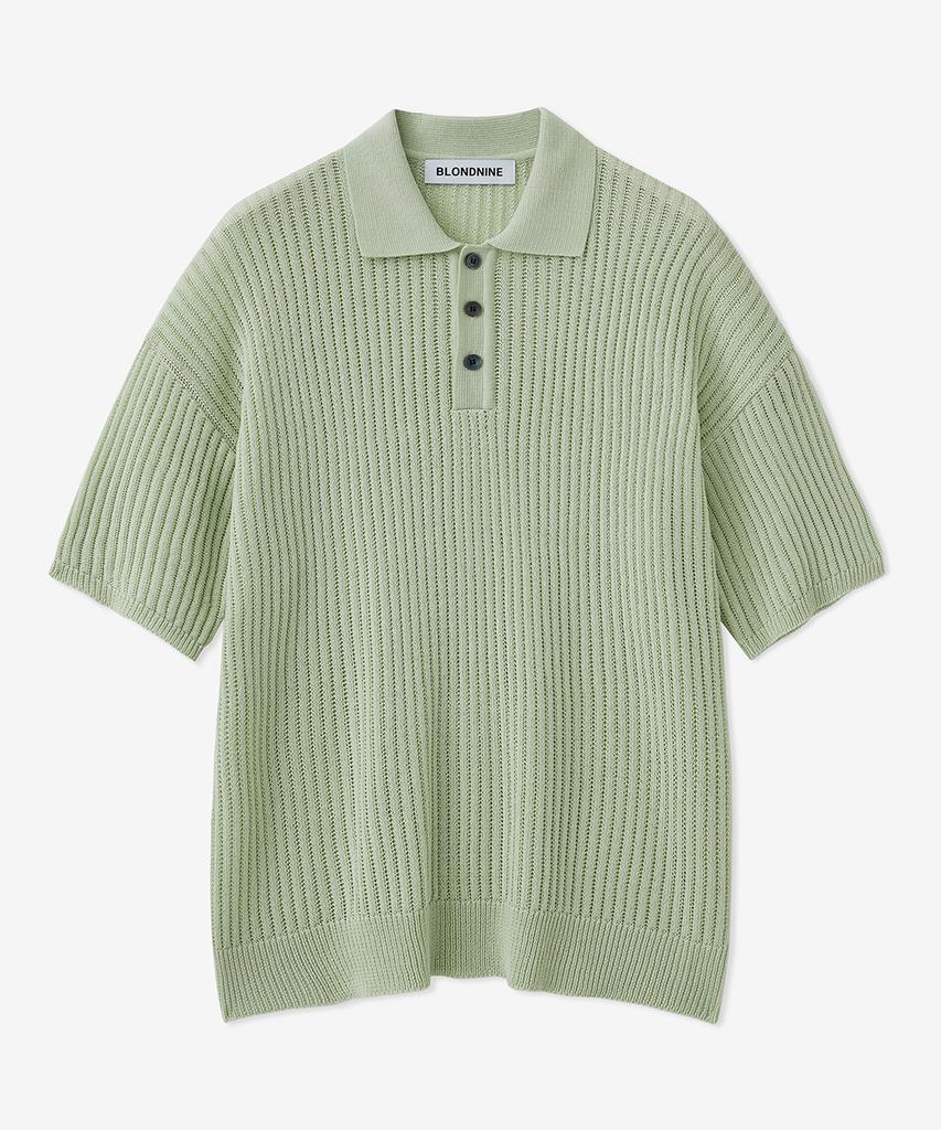 BLOND9 Cotton Rib Collar Short Sleeve Knit_Greenery