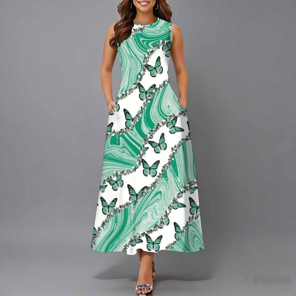Women Plus Size Sleeveless Crew Neck Dress Soft Watercolor Floral Branches Flowy Mid Calf Gown