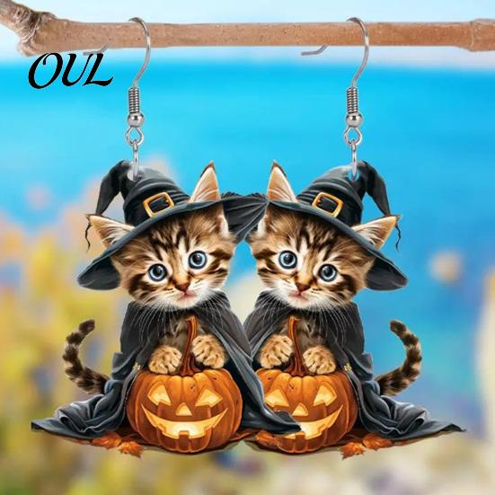 Curved Ear Hooks 1 Pair Halloween Witch Cat Earrings for Women, Acrylic Cute Anti-rust Metal Kitten Dangle Drop with Pumpkin, Party Costume