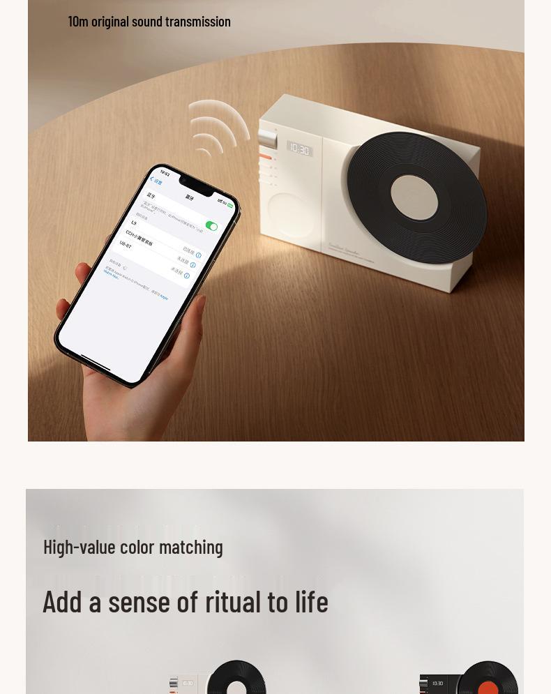 Portable Retro Vinyl Bluetooth Speaker with USB Charging, TF Card Support & Clock