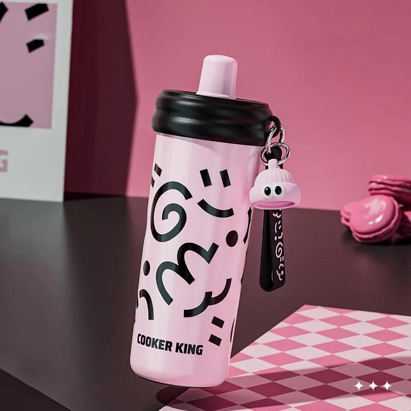 COOKER KING 600ml Insulated Cup with Tea Strainer Straw Thermos Cup Stainless Steel Vacuum Flask Girls Students Hot & Cold Flask