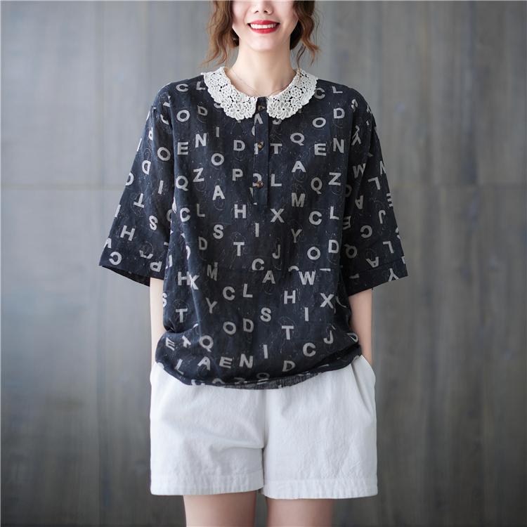 

MOJTA Летняя женская рубашка больших размеров с кружевным воротником и короткими рукавами, свободная тонкая футболка one size серый/чёрный