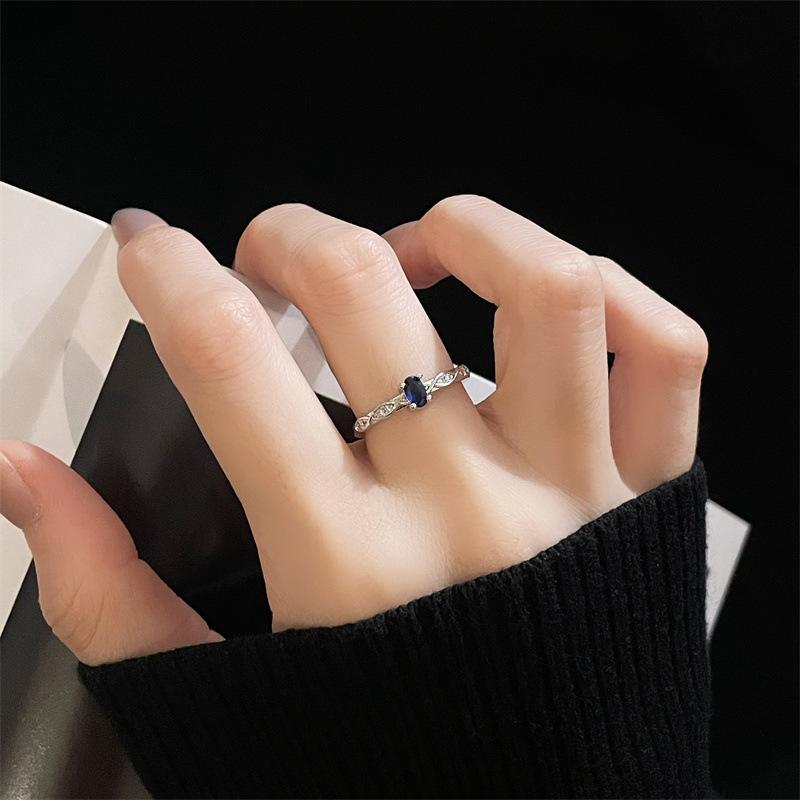 Aquamarine Series Open Ring Inlaid With Zircon Color Treasure Exquisite Light Luxury Cold Wind Temperament Ring Woman