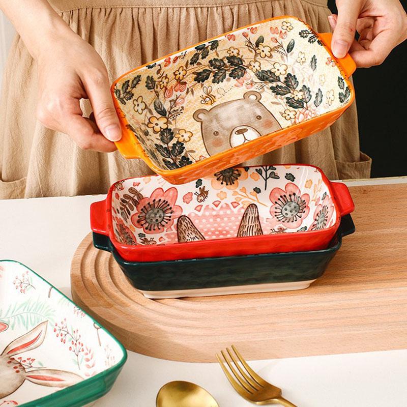 Ceramic Bakeware With Handle Forest Animals Baking Pan Underglaze Kitchen Tableware Salad Bowl Au Gratin Dishes