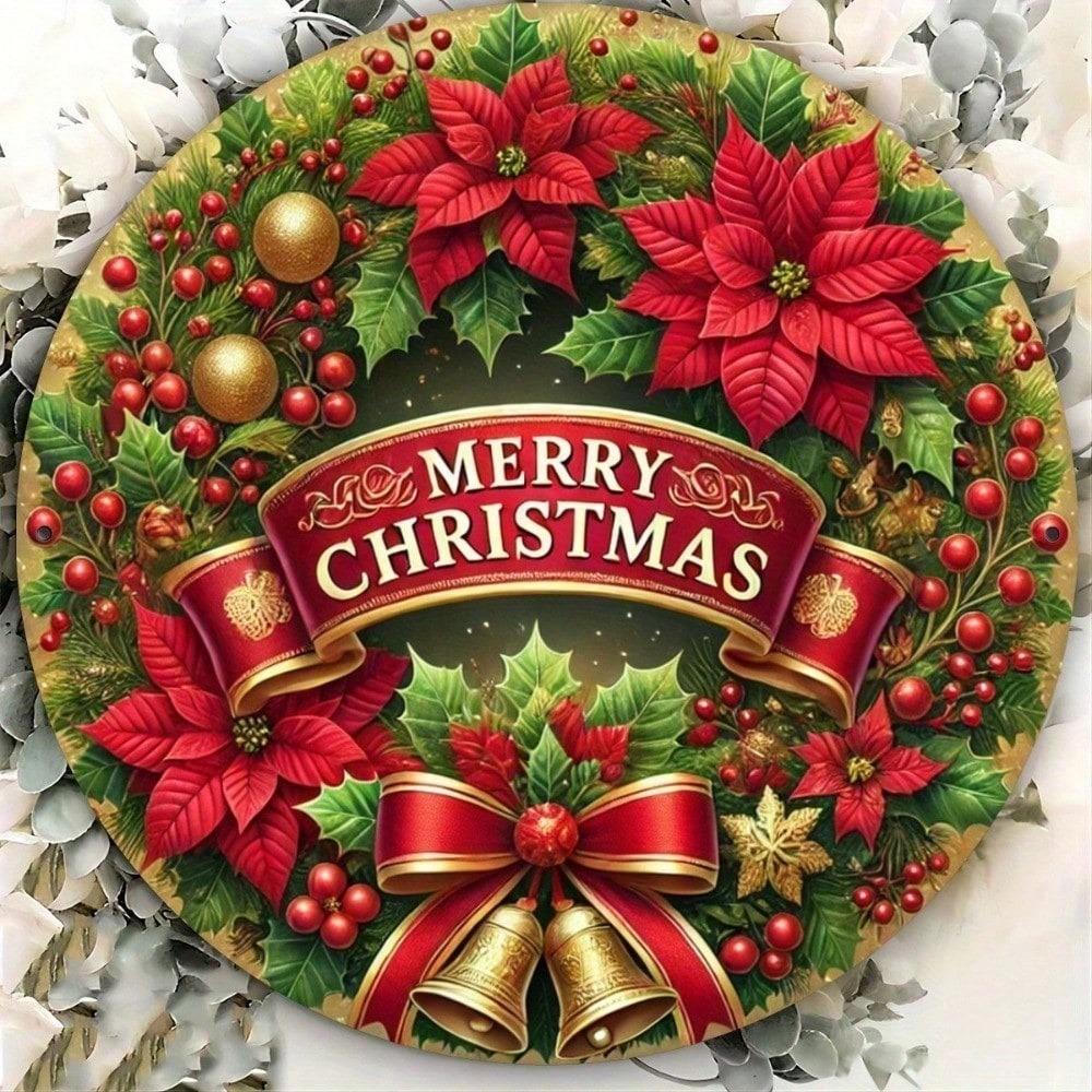 Jinxin Round Metal Christmas Tin Sign 8x8 Inch Poinsettia Wall Decor for Home Kitchen Retro Holiday Art