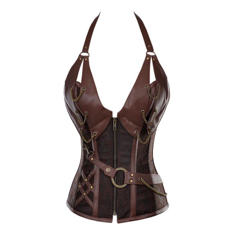 Victorian Black Brown Leather Corset with Halter Belt