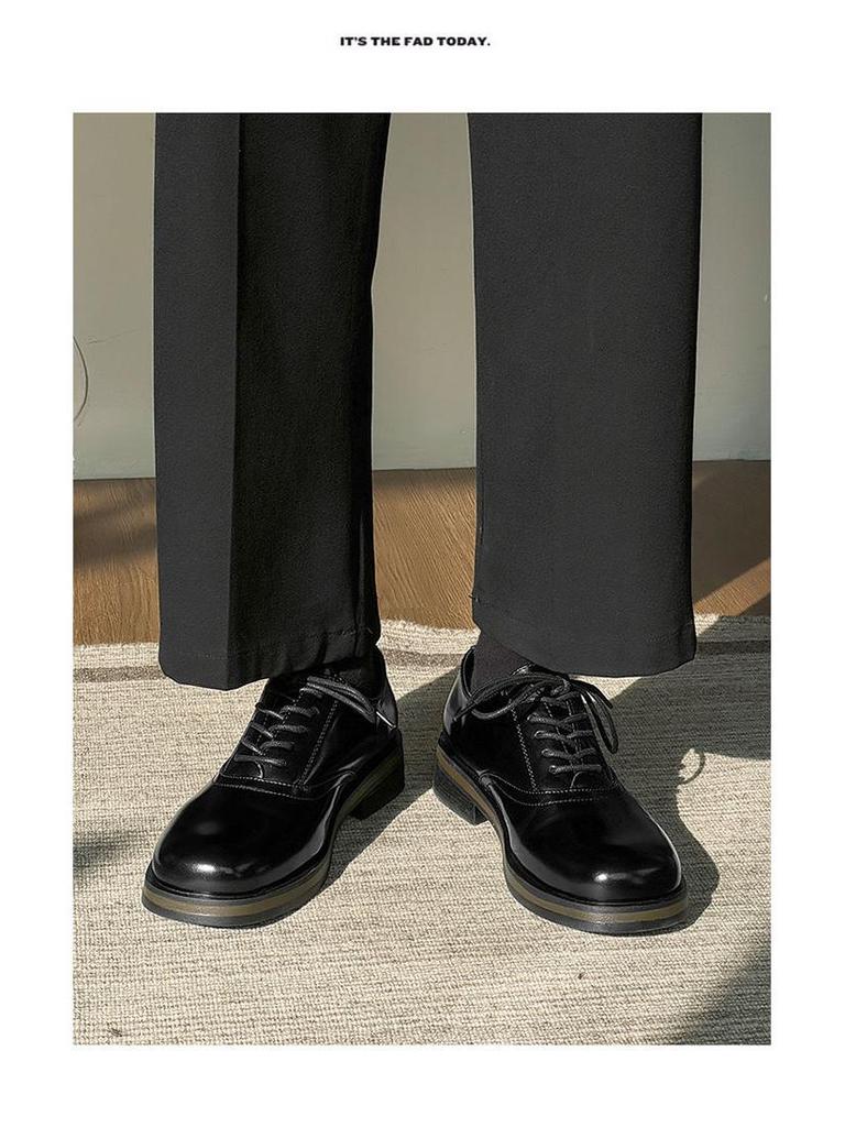 Men's Black Square Toe Leather Shoes - High-End British Style, Formal, Thick Sole, Height Increasing, Low-Top, Ideal for Commute or Wedding Groom.