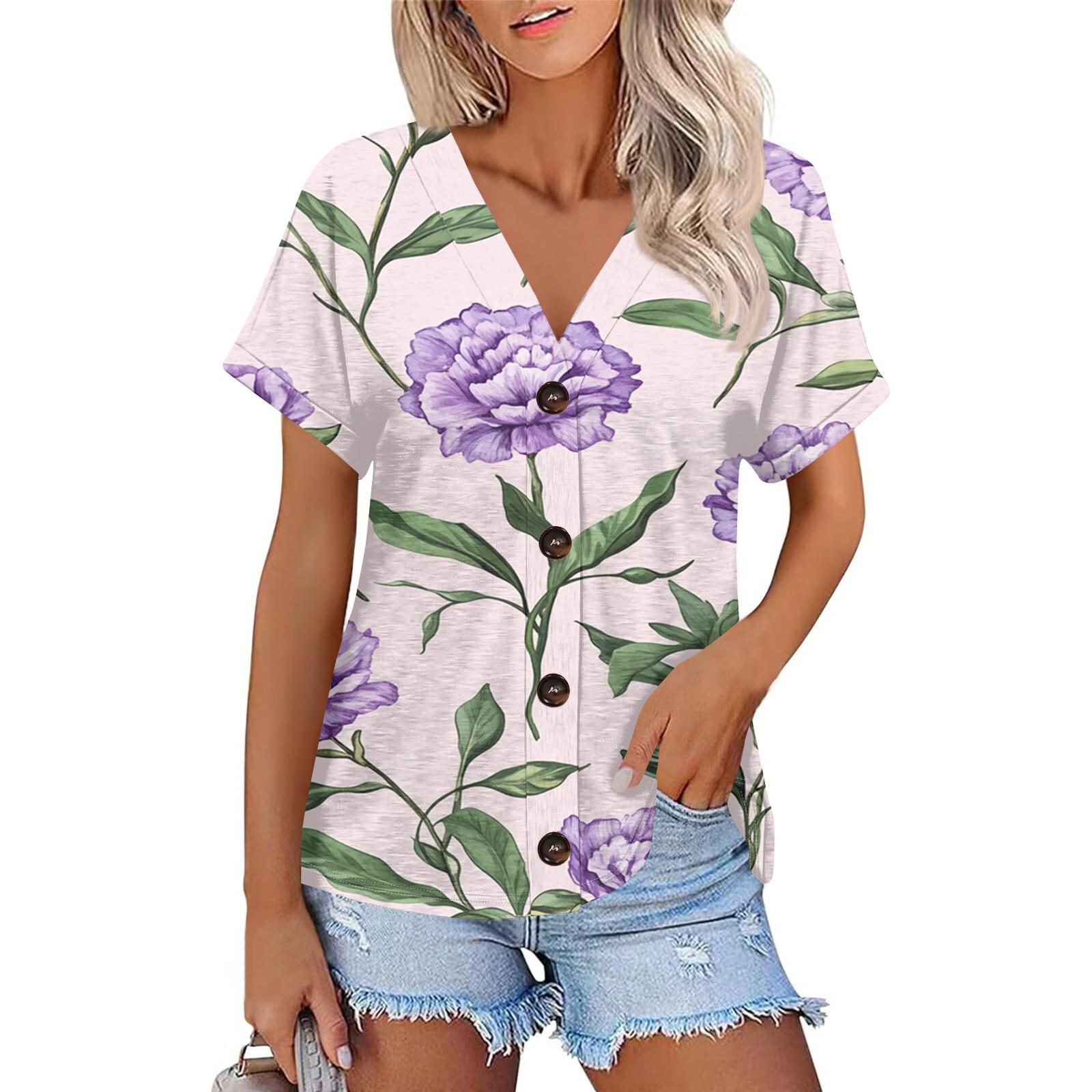 

Женская мода с короткими рукавами и V-образным вырезом, повседневная футболка с пуговицами S розовый