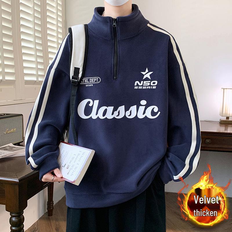 

Мужская двусторонняя флисовая толстовка с полумолнией: Толстовка, Теплая, С воротником-стойкой, Свободного кроя для Осени/Зимы 2XL