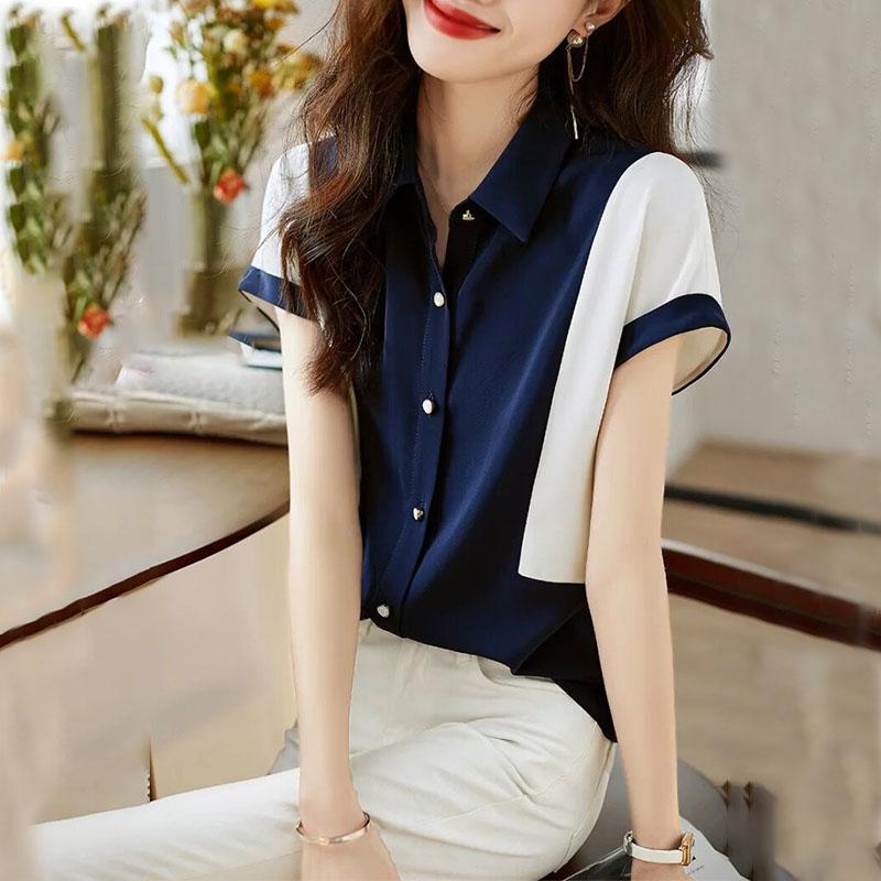 Elegant Women's Button Shirt Summer New Fashion Korean Contrasting Colors Spliced Polo-Neck Blouse Short Sleeve Female Clothing