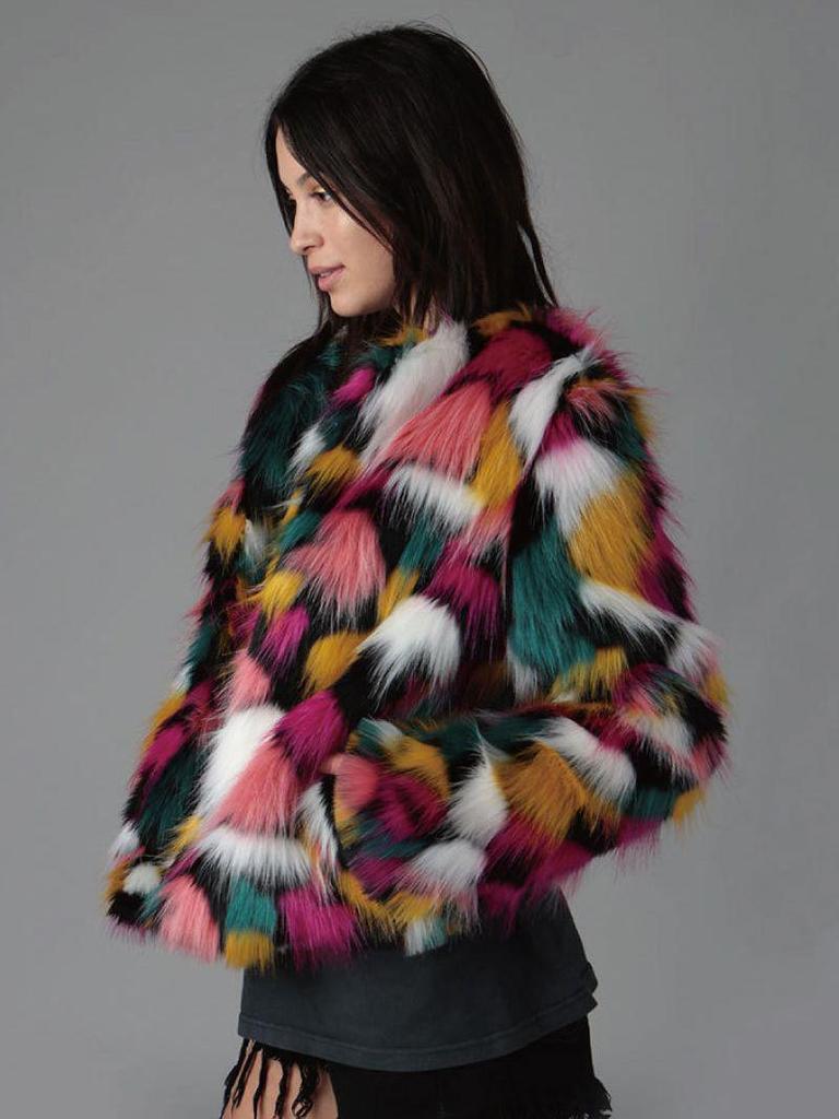 Women's Rainbow Patchwork Faux Fur Coat - Collarless, Trendy European and American Design