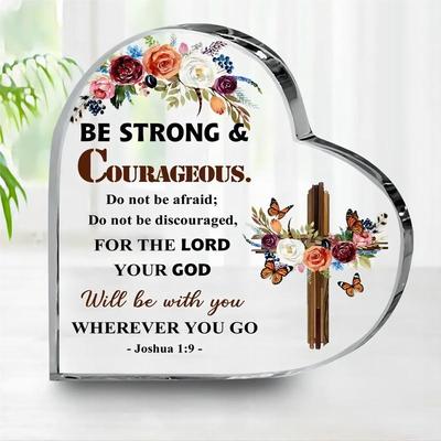2D Flat Joshua Bible Verse Christian Acrylic Heart Desktop Decoration Plaque, Cross, Home Decor Plaque Hanging Wall Art Decorative Garden Decoration F