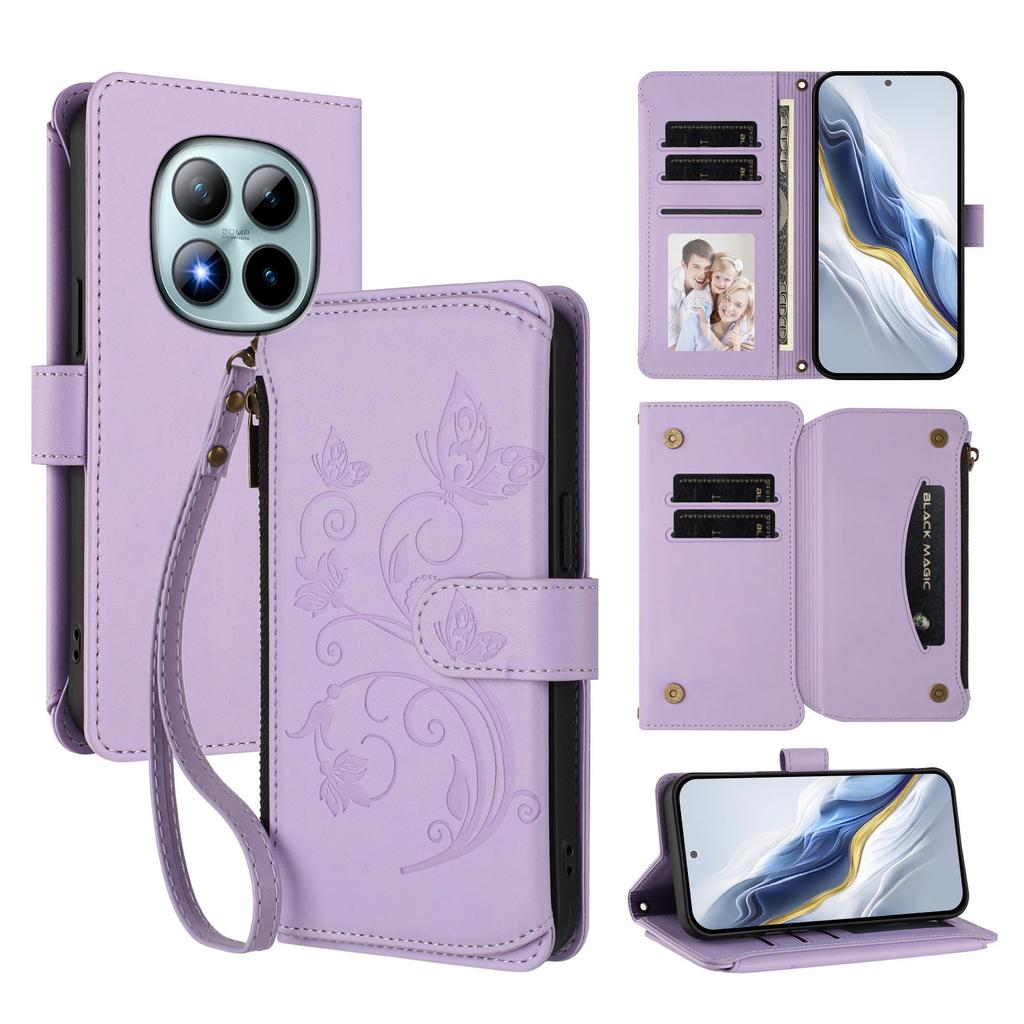For Xiaomi Redmi Note 15 Pro+ 5G Leather Case Butterfly Floral Imprint Zipper Wallet Stand Cover with Wrist Strap