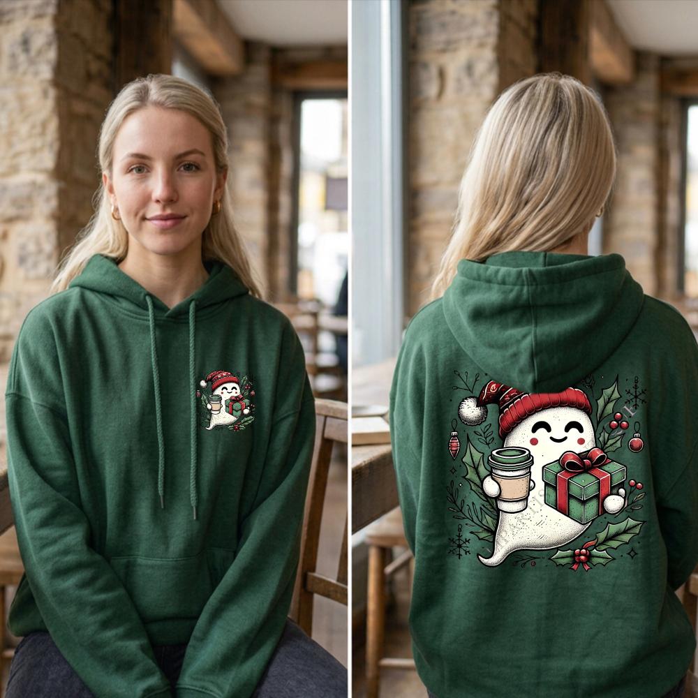 Cute Ghost Coffee Christmas Sweatshirt Santa Hat Gift Graphic Pullover Spooky Xmas Casual Loose Tops Men Hoodies Women