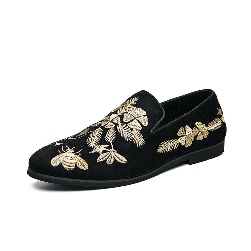 Men’s Fashionable Black Leather Embroidered Slip-On Loafers (Large Size) Size 43 чёрный