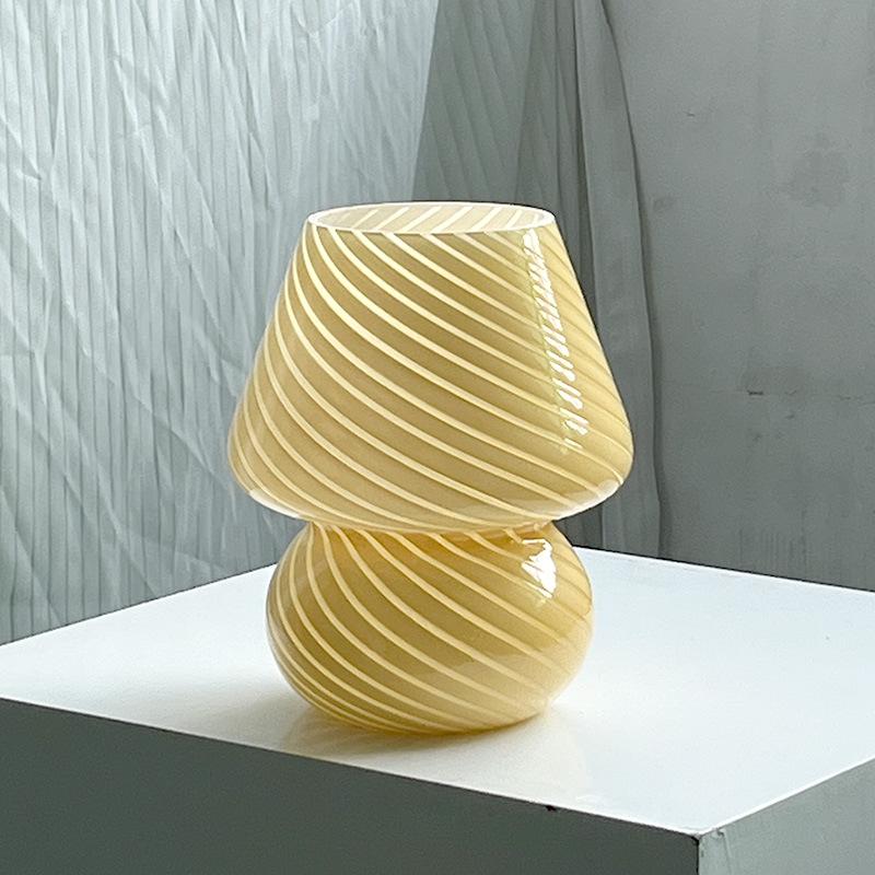 American Medieval Vintage Striped Glass Mushroom Table Lamp with USB - Retro Bedside Night Light