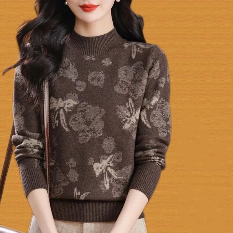 Autumn Winter Semi-turtleneck Jacquard Women's Sweater Autumn and Winter New Fashion Knitted Bottoming Shirt Top