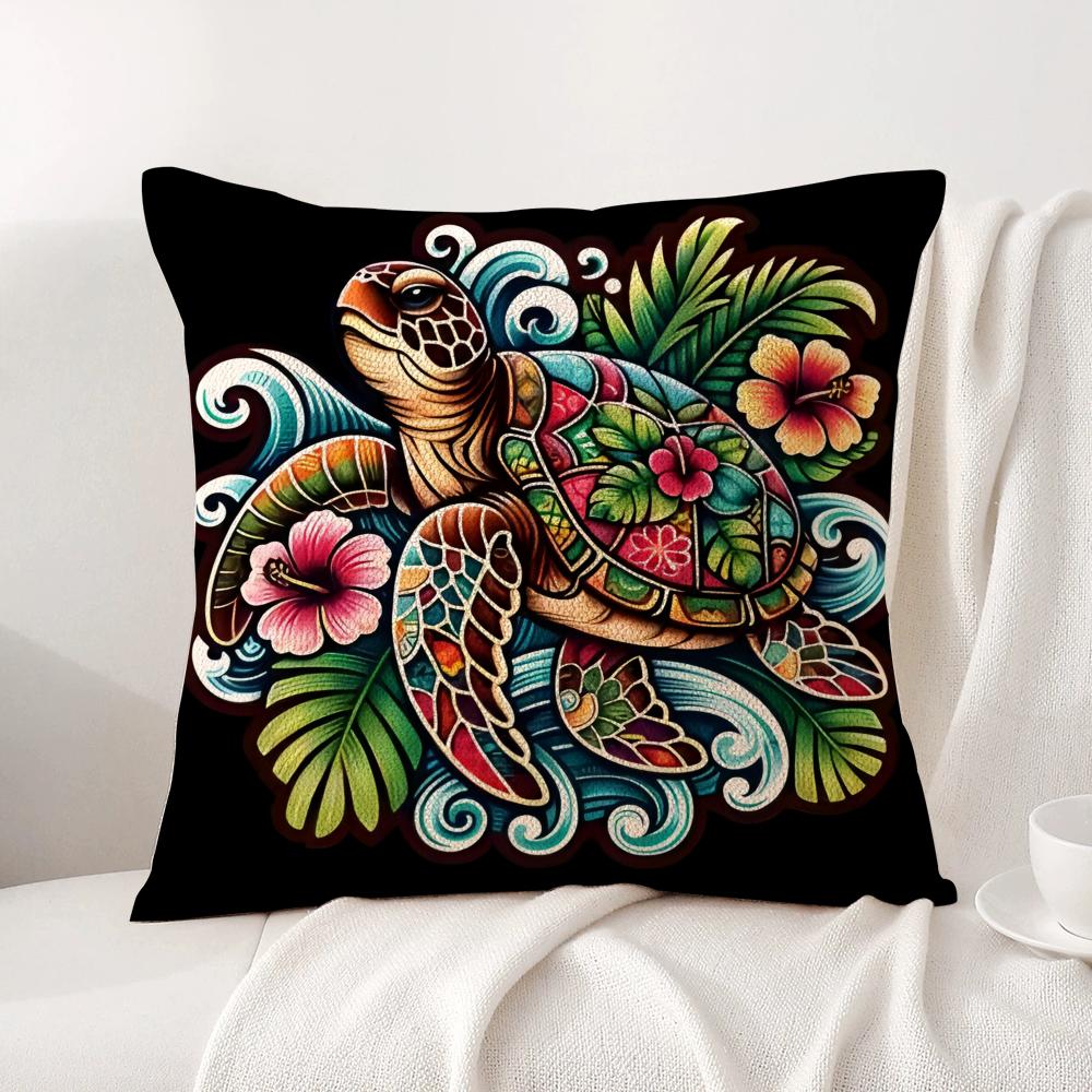 Hawaiian Turtle Cushion Cover Natural Linen Organic Fabric Double-Sided Printing Sofa Home Decor Gift Pillow Cover