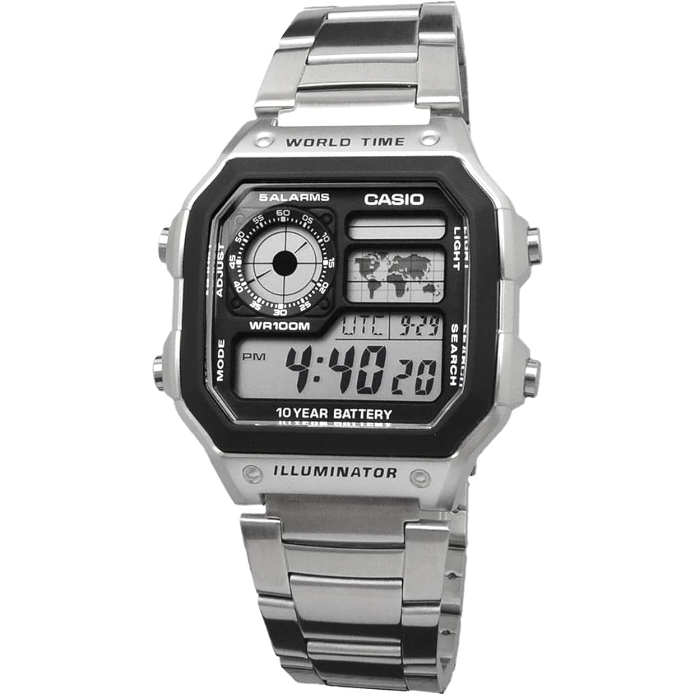 Casio World Time Digital Men's Watch AE-1200WHD-1AV Metal Band Silver 10 ATM Water Resistant