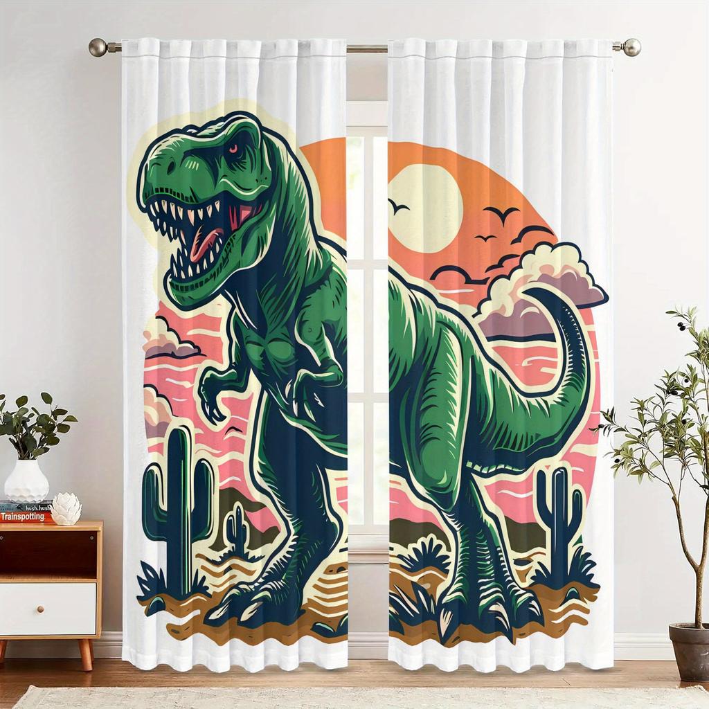 2pcs Vintage Tyrannosaurus Rex Dinosaur Curtain - Blackout, Rod Pocket, Machine Washable Polyester, 100-120gsm, Creative Desi