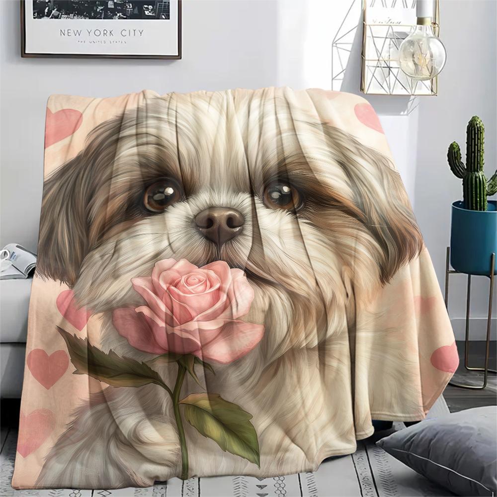 Cute Shih Tzu pattern Flannel Blanket, High quality Comfortable for All Seasons, Home Decor, Warmth and Comfort, Perfect for Gifts.