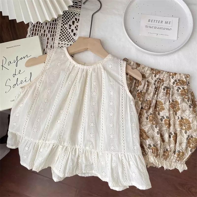 Girls' Floral Hollow-Out Sleeveless Summer Vest - Korean Style Mori Doll Shirt Top