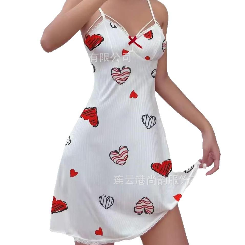 European and American Love Printing Sexy Lace Home Suspender Skirt Pure Desire Nightdress Temptation Backless Sex Dress