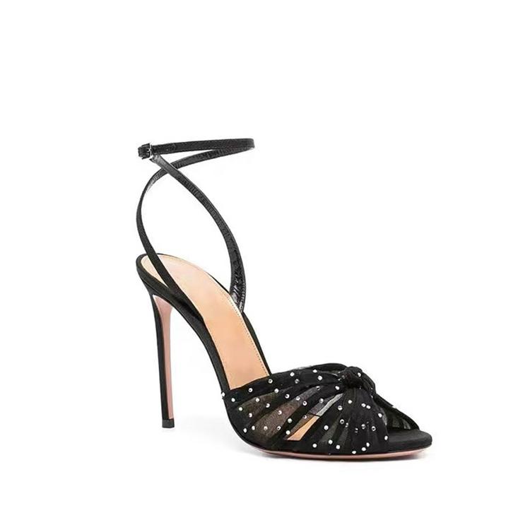 Fashion 2025 Summer New Sexy Rhinestone Bling Bling Sandals Stiletto High Heels Women's Mesh Knotting Slingback Open Toe Buckle Sandals
