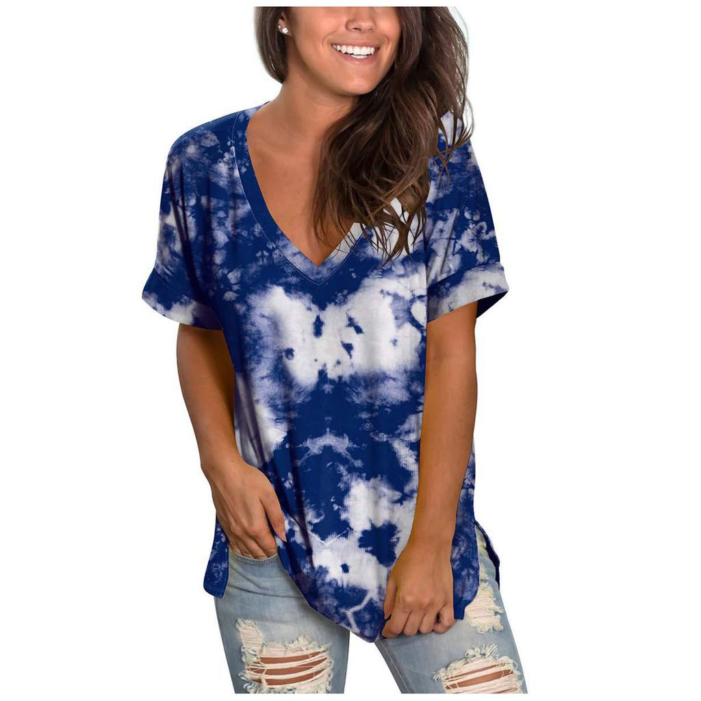Womens Casual V-Neck Short Sleevein Tie-dye T-Shirt Summer Tops With Pocket