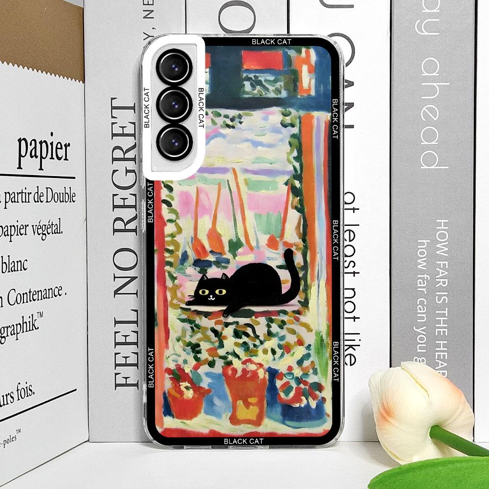 Retro Oil Painting Van-Gogh Flower Art Cat Phone Case for Samsung Galaxy S25 S24 S23 Ultra S22 Plus S21 FE 5G Clear Cover Fundas