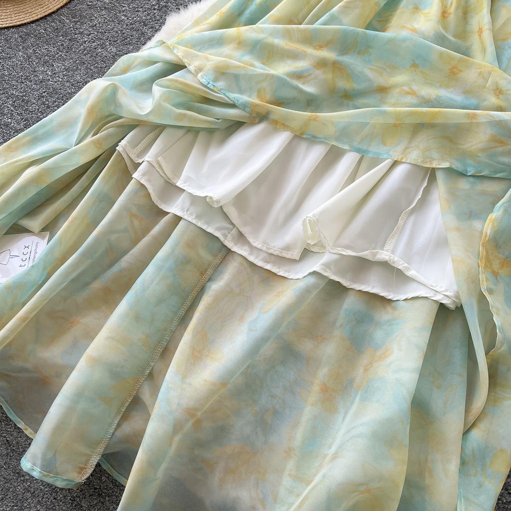 Summer Women V-neck Print Chiffon Halter Open Back Beading Long Maxi Holiday Beach Dresses